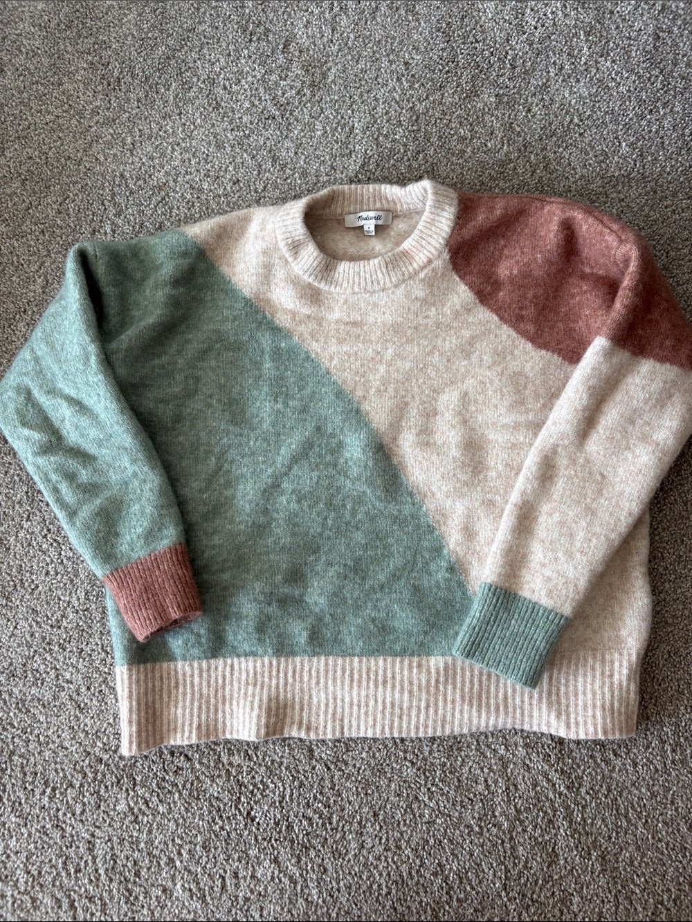Madewell Colorblock Crewneck Sweater - Sage Green, Cream & Rust